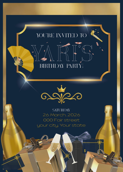Virtual Blue and Gold Birthday Invitation