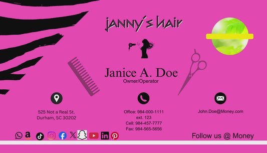3.5x2" Hot Pink Zebra for Hair Business Card w/logo
