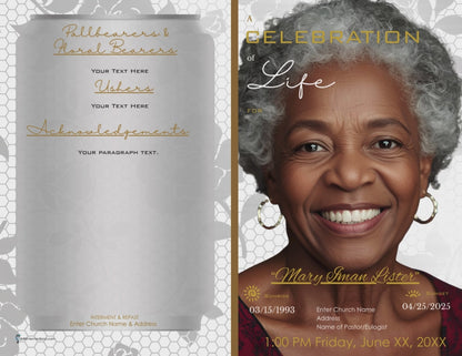 Silver White and Gold Full Face Woman Obituary - Bifold