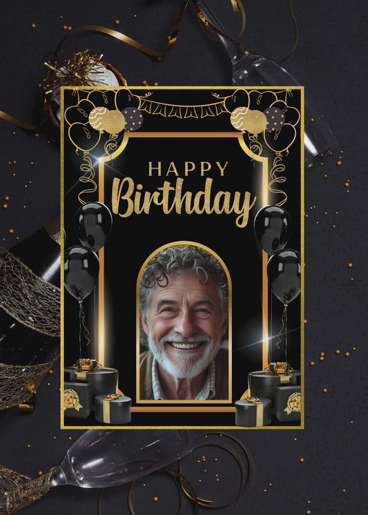 Gold & Black Happy Birthday Card w/Gold table Decor BG-Candor