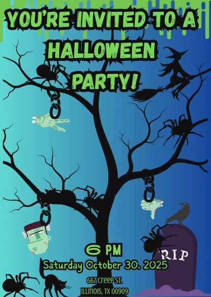 Virtual Blue Green themed Spider Infestation Halloween Invitation